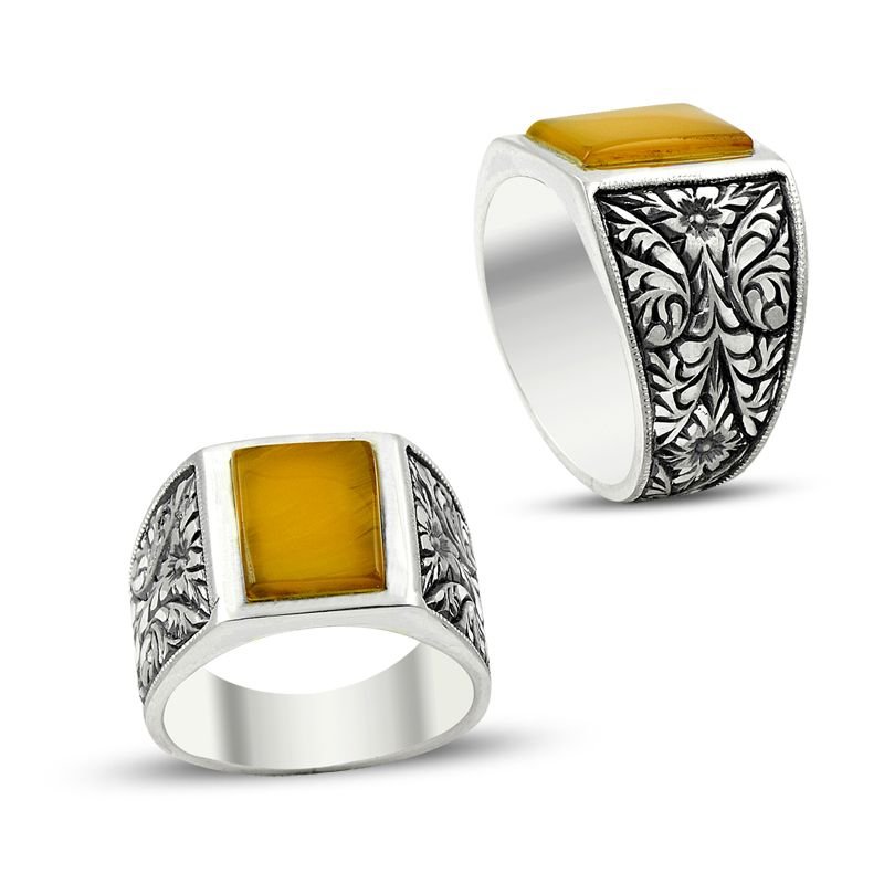 Beelo Silver 925K Gümüş Erzurum El işi Kehribar Erkek Yüzük