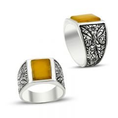 Beelo Silver 925K Gümüş Erzurum El işi Kehribar Erkek Yüzük