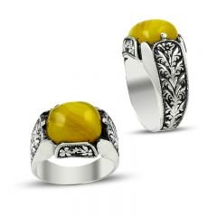 Beelo Silver 925K Gümüş Erzurum El işi Kehribar Erkek Yüzük