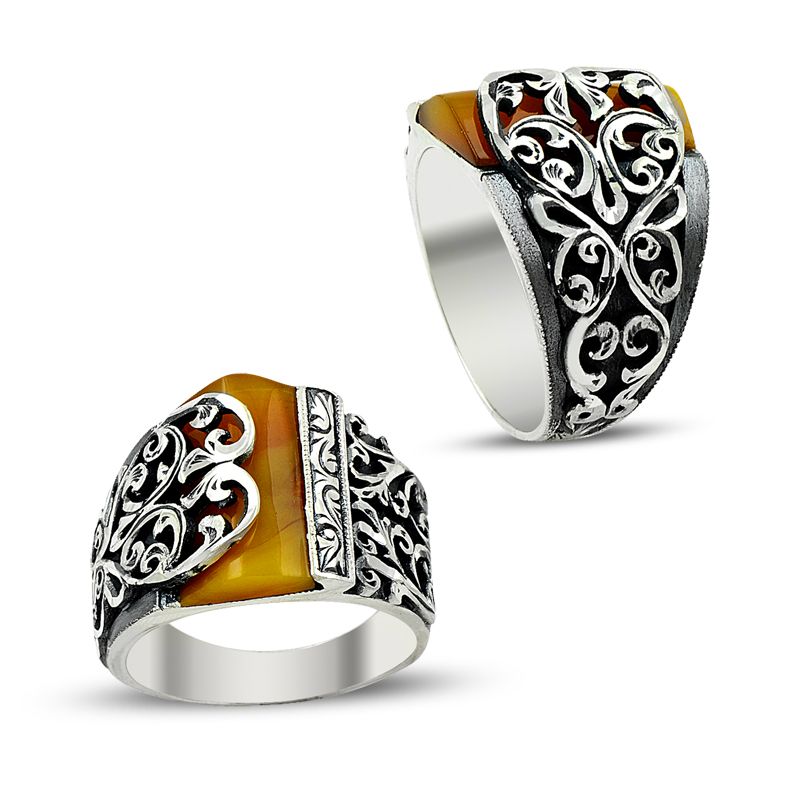 Beelo Silver 925K Gümüş Erzurum El işi Kehribar Erkek Yüzük