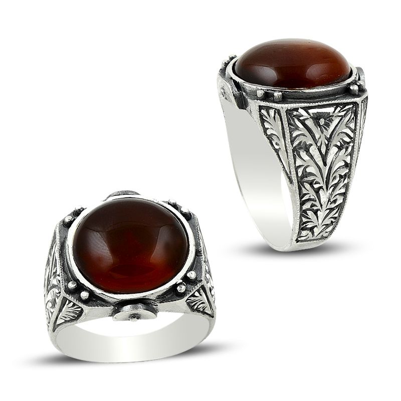 Beelo Silver 925K Gümüş Erzurum El işi Akik Erkek Yüzük