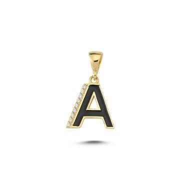 Beelo Gold 14K Altın Taşlı A Siyah Harfi Kolye Ucu