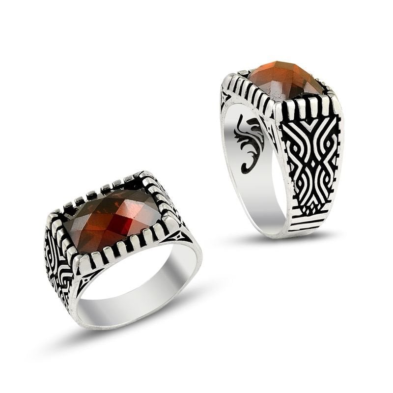 Beelo Silver 925K Gümüş Kırmızı Taşlı Osmanlı Tasarım Erkek Yüzük