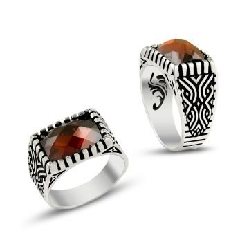 Beelo Silver 925K Gümüş Kırmızı Taşlı Osmanlı Tasarım Erkek Yüzük