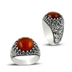 Beelo Silver 925K Gümüş Erzurum El işi Akik Erkek Yüzük