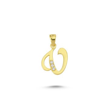 Beelo Gold 14K Altın Taşlı  V Harfi Tasarım Kolye Ucu