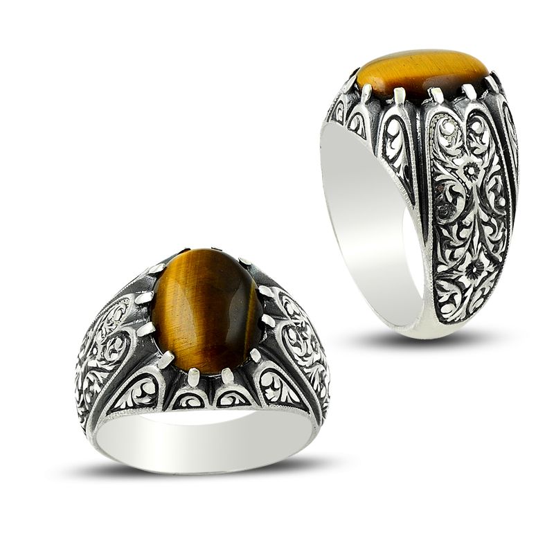Beelo Silver 925K Gümüş Erzurum El işi Kaplan Gözü Erkek Yüzük