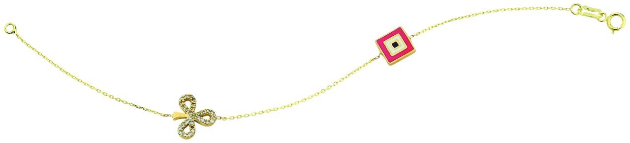 Beelo Gold 14K Altın Yonca Mineli Kırmızı Nazar Bileklik BLB016