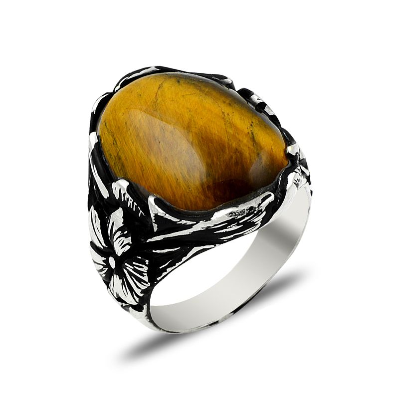 Beelo Silver 925K Gümüş Kehribar Erkek Yüzük BSBT024