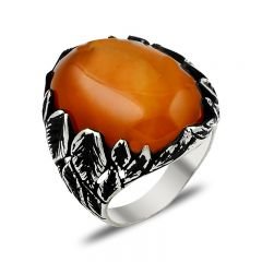 Beelo Silver 925K Gümüş Kehribar Erkek Yüzük BSBT028