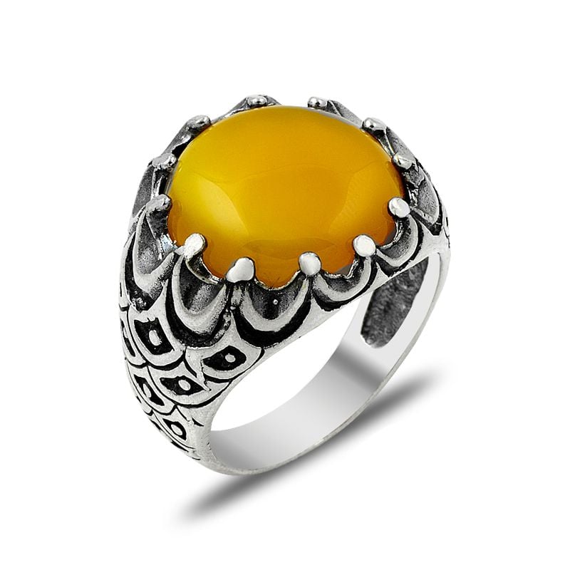 Beelo Silver 925K Gümüş Kehribar Erkek Yüzük BSBT045