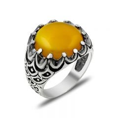 Beelo Silver 925K Gümüş Kehribar Erkek Yüzük BSBT045