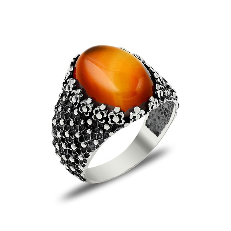 Beelo Silver 925K Gümüş Kehribar Erkek Yüzük BSBT047