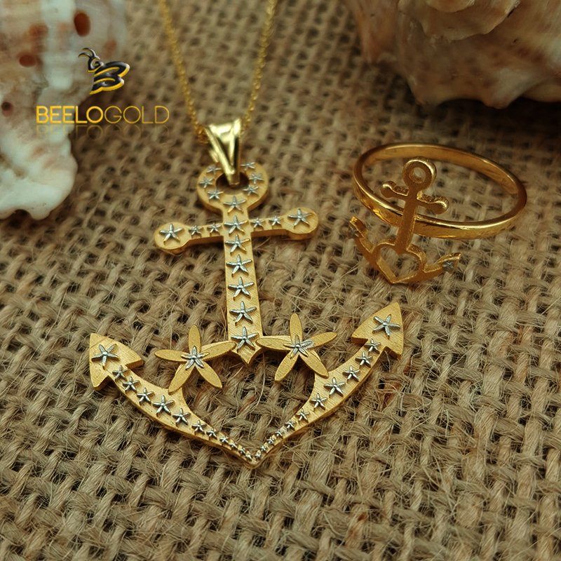 Beelo Gold 14K Altın Tasarım Çıpa Kolye Yüzük