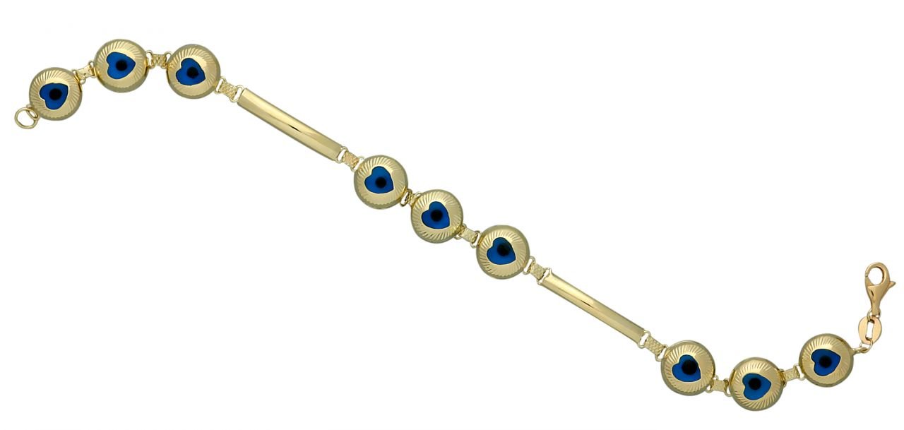 Beelo Gold 14K Altın Kalp Mavi Göz Boncuğu Bileklik BP008