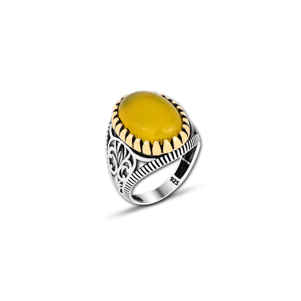 Beelo Silver 925K Gümüş Sarı Akik Yüzük