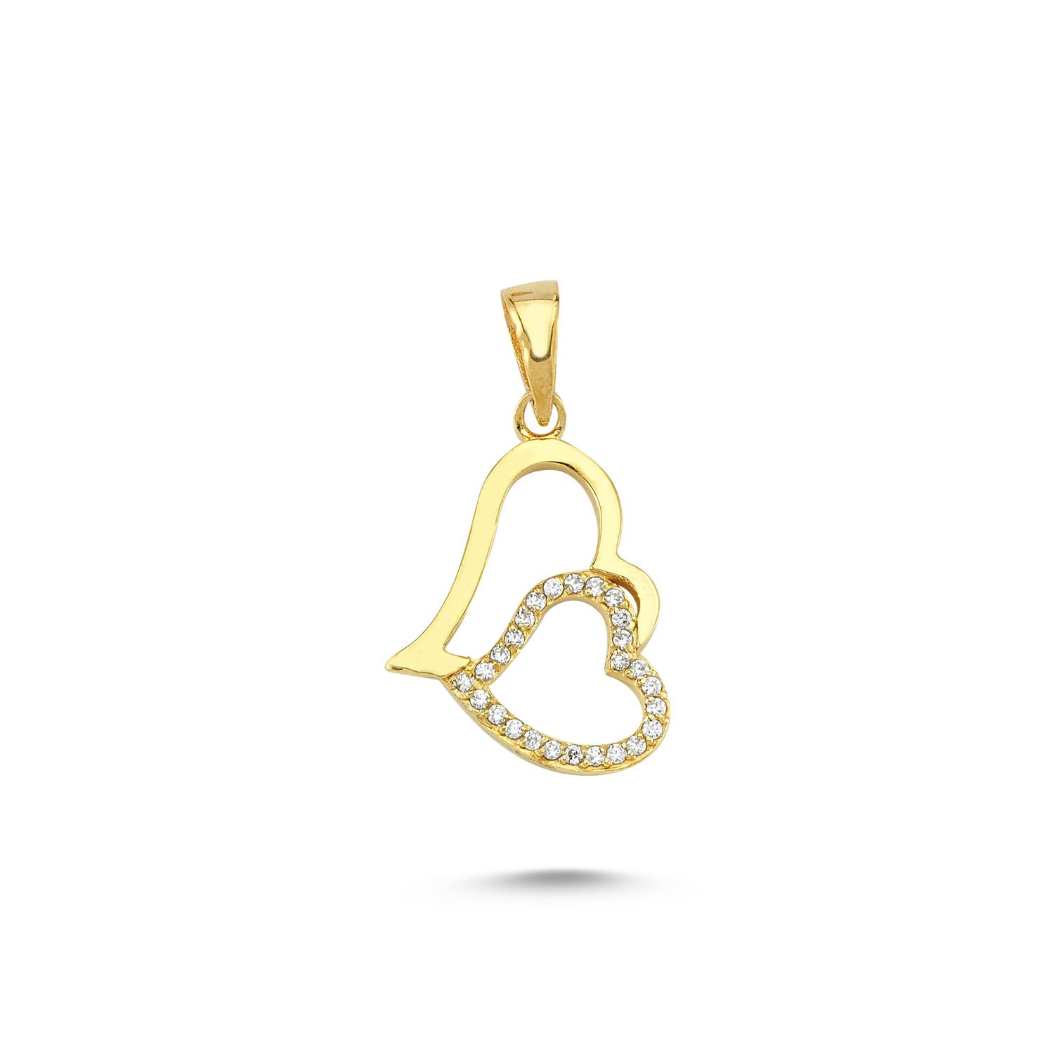 Beelo Gold 14K Altın İkili Kalp Taşlı Kolye Ucu