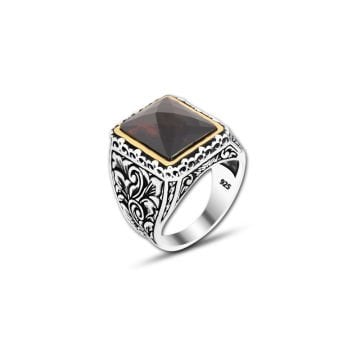 Beelo Silver 925K Gümüş Kırmızı Zirkon Taşlı Motifli Yüzük