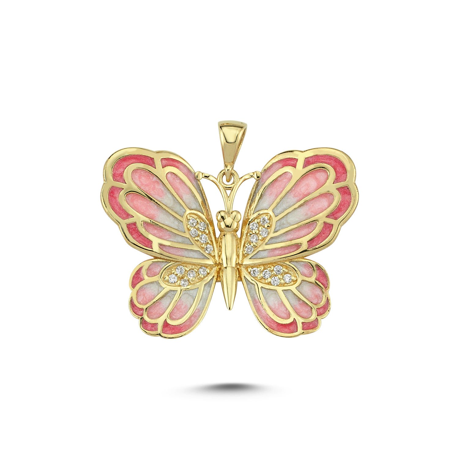 Beelo Gold 14K Altın Pembe Kelebek Mineli Taşlı Kolye Ucu