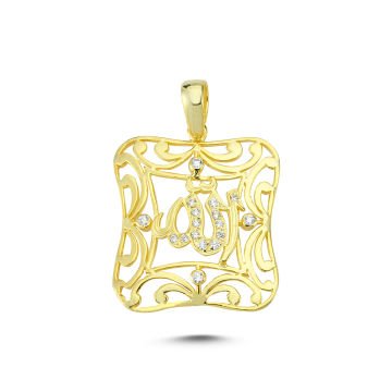 Beelo Gold 14K Altın Allah Yazılı Taşlı Kare Kolye Ucu