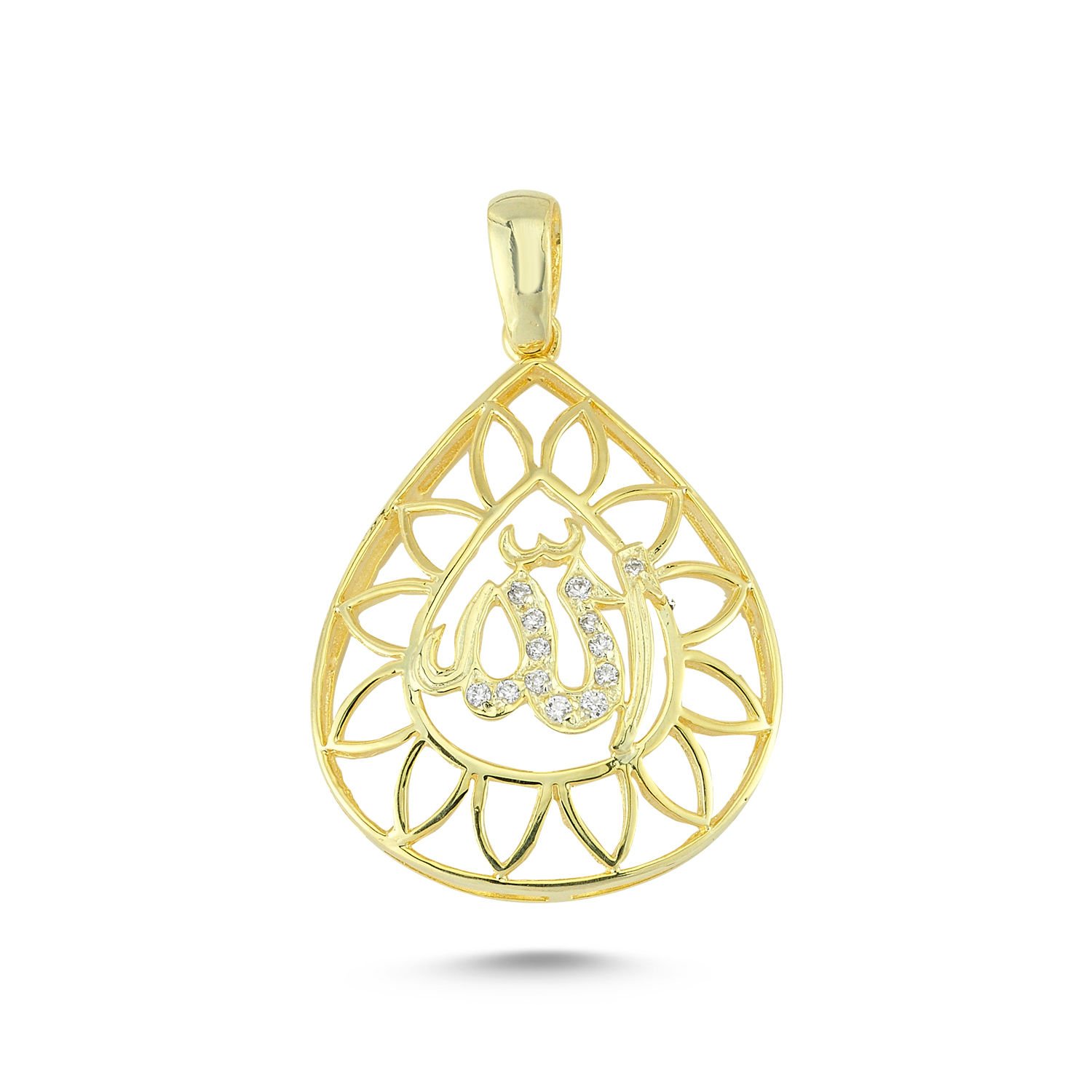 Beelo Gold 14K Altın Allah Yazılı Taşlı Kare Kolye Ucu