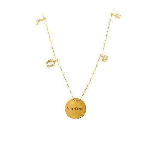 Beelo Gold 14K Altın Taşlı Şans Plaka Madalyon İsim Kolye BGKL042