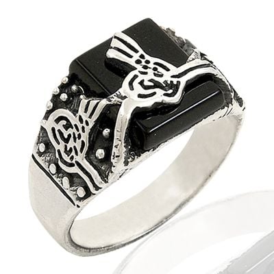 Beelo Silver 925K Gümüş Osmanlı Tuğra Oniks Erkek Yüzük BGEY013
