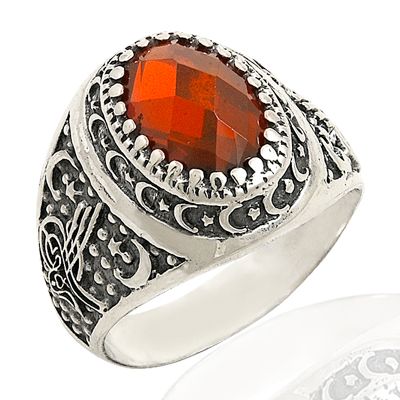 Beelo Silver 925K Gümüş Ayyıldız Tuğra Kırmızı Taşlı Erkek Yüzük BGEY021