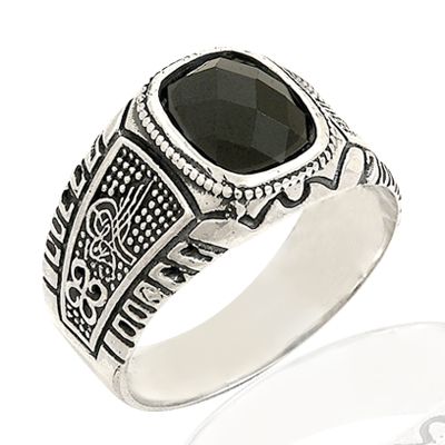 Beelo Silver 925K Gümüş Tuğra Siyah Taşlı Erkek Yüzük BGEY022