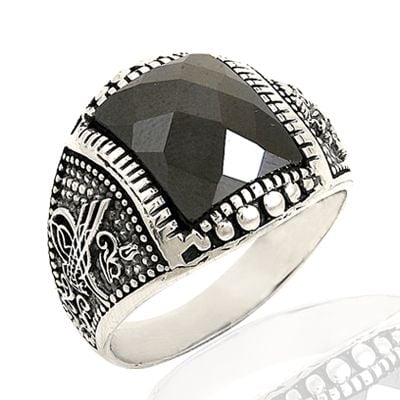 Beelo Silver 925K Gümüş Tuğra Siyah Taşlı Erkek Yüzük BGEY023