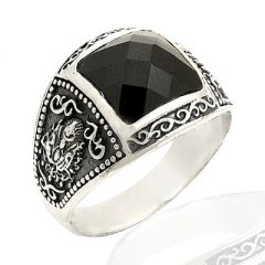 Beelo Silver 925K Gümüş Siyah Taşlı Erkek Yüzük BGEY026