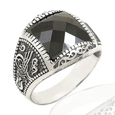 Beelo Silver 925K Gümüş Tuğra Siyah Taşlı Erkek Yüzük BGEY034