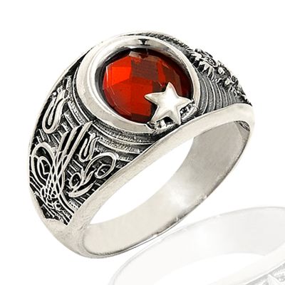 Beelo Silver 925K Gümüş Tuğra Ayyıldız Kırmızı Taşlı Erkek Yüzük BGEY036