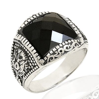 Beelo Silver 925K Gümüş Osmanlı Arması Siyah Taşlı Erkek Yüzük BGEY039