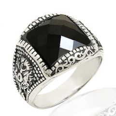 Beelo Silver 925K Gümüş Osmanlı Arması Siyah Taşlı Erkek Yüzük BGEY039