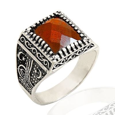 Beelo Silver 925K Gümüş Ayyıldız Tuğra Kırmızı Taşlı Erkek Yüzük BGEY040