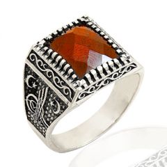 Beelo Silver 925K Gümüş Ayyıldız Tuğra Kırmızı Taşlı Erkek Yüzük BGEY040