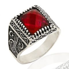 Beelo Silver 925K Gümüş Ayyıldız Tuğra Kırmızı Taşlı Erkek Yüzük BGEY042