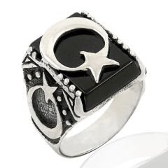 Beelo Silver 925K Gümüş Ay Yıldızlı Erkek Yüzük BGEY047