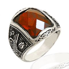 Beelo Silver 925K Gümüş Tuğra Kırmızı Taşlı Erkek Yüzük BGEY050