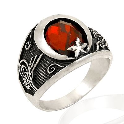 Beelo Silver 925K Gümüş Ay Yıldızlı Tuğra Kırmızı Taşlı Erkek Yüzük BGEY122