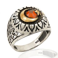 Beelo Silver 925K Gümüş Kırmızı Taşlı Ay Yıldızlı Erkek Yüzük BGEY141
