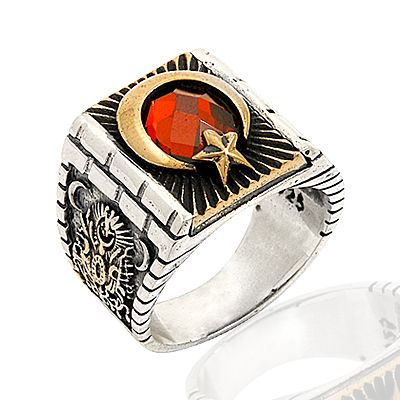 Beelo Silver 925K Gümüş Kırmızı Taşlı Ay Yıldızlı Erkek Yüzük BGEY142