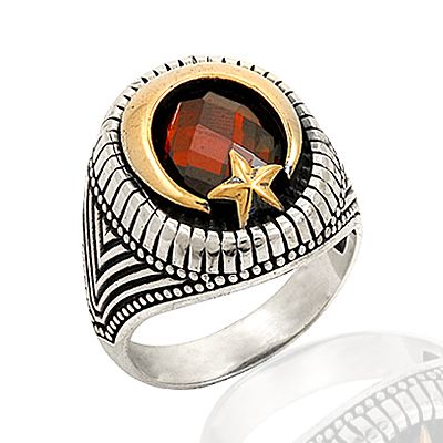 Beelo Silver 925K Gümüş Kırmızı Taşlı Ay Yıldızlı Erkek Yüzük BGEY143