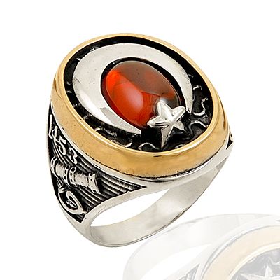 Beelo Silver 925K Gümüş Kırmızı Taşlı Ayyıldız Erkek Yüzük BGEY149