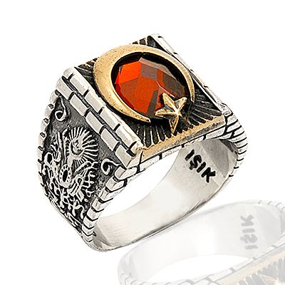 Beelo Silver 925K Gümüş Kırmızı Taşlı Ay Yıldızlı Erkek Yüzük BGEY166
