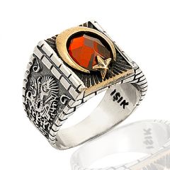 Beelo Silver 925K Gümüş Kırmızı Taşlı Ay Yıldızlı Erkek Yüzük BGEY166