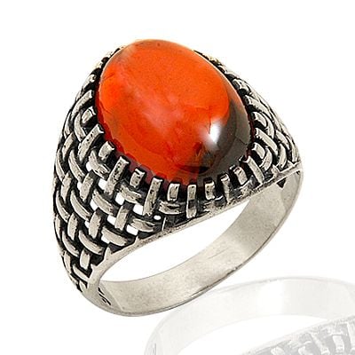 Beelo Silver 925K Gümüş Kırmızı Taşlı Erkek Yüzük BGEY178