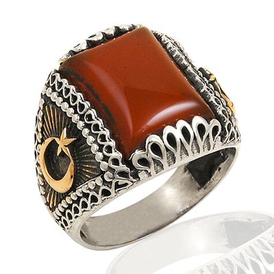 Beelo Silver 925K Gümüş Ay Yıldızlı Akik Erkek Yüzük BGEY179