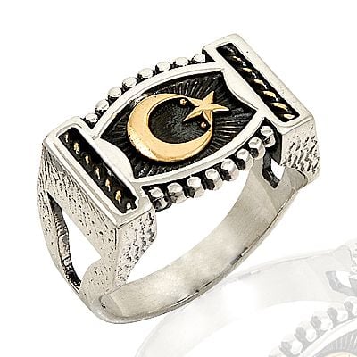 Beelo Silver 925K Gümüş Ay Yıldızlı Erkek Yüzük BGEY185